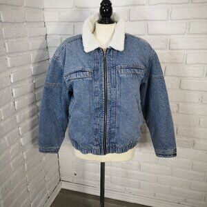 Wild Fable Ladies Size Medium Medium Wash Faux Sherpa Lined Bomber Jean Jacket